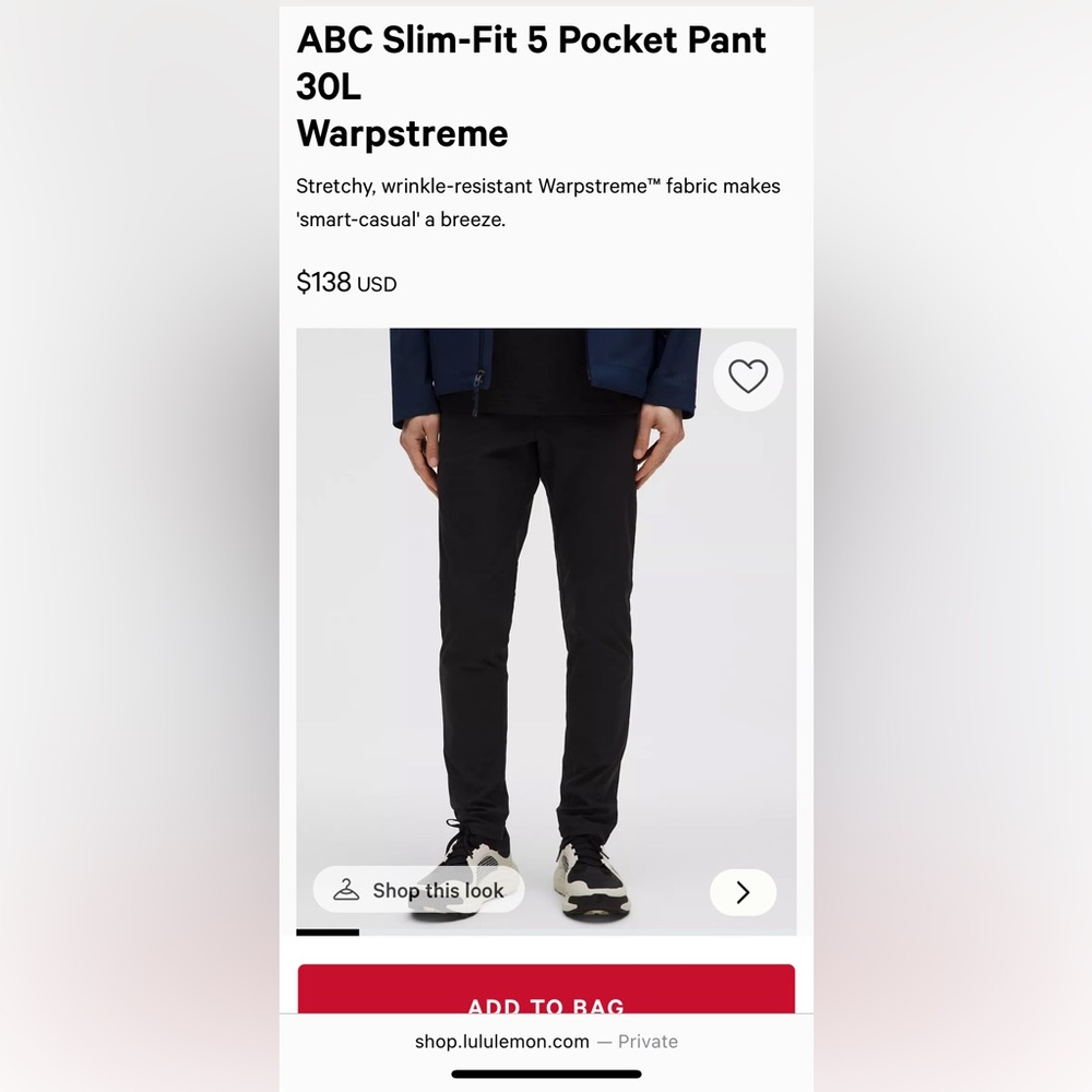 Men’s Lululemon ABC Slim-Fit 5 Pocket Pant size 30x30